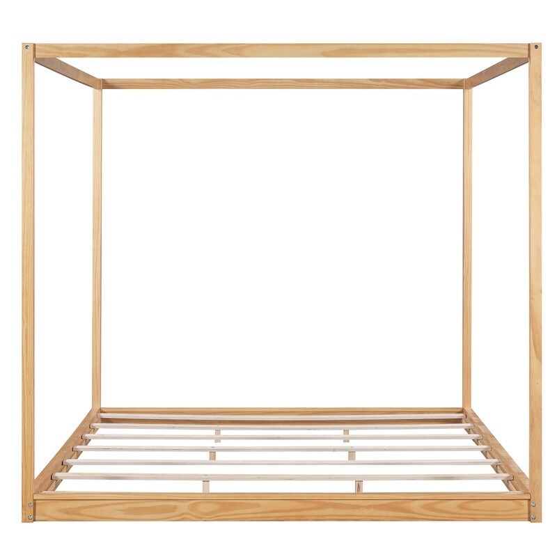 King Size Wood Platform Bed Floor Bed with Support Legs, Canopy Design