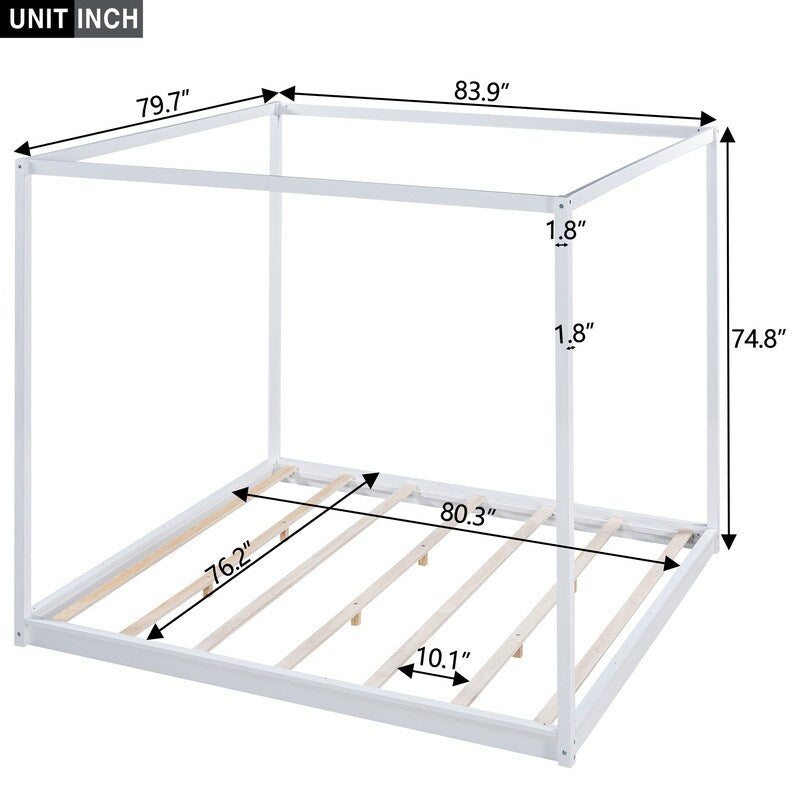 King Size Wood Platform Bed Floor Bed with Support Legs, Canopy Design