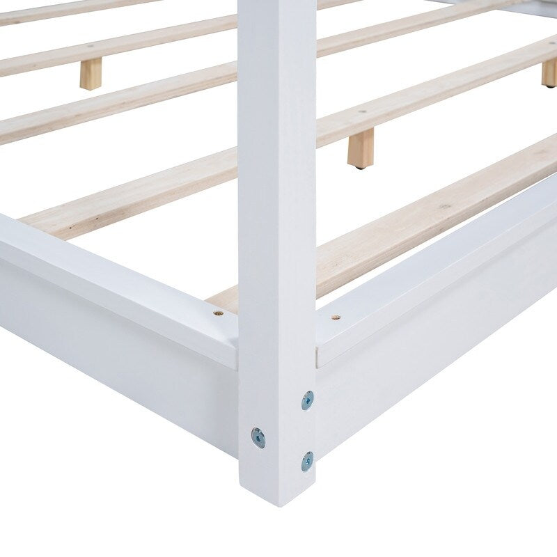 King Size Wood Platform Bed Floor Bed with Support Legs, Canopy Design