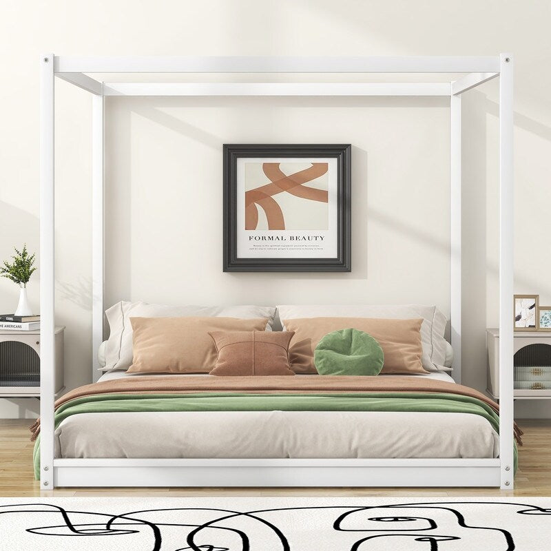 King Size Wood Platform Bed Floor Bed with Support Legs, Canopy Design