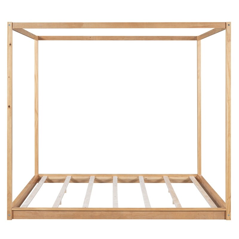 King Size Wood Platform Bed Floor Bed with Support Legs, Canopy Design