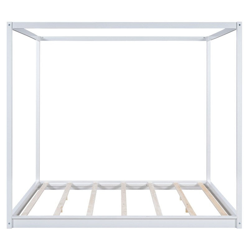 King Size Wood Platform Bed Floor Bed with Support Legs, Canopy Design
