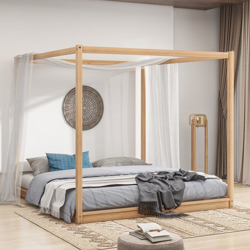 King Size Wood Platform Bed Floor Bed with Support Legs, Canopy Design