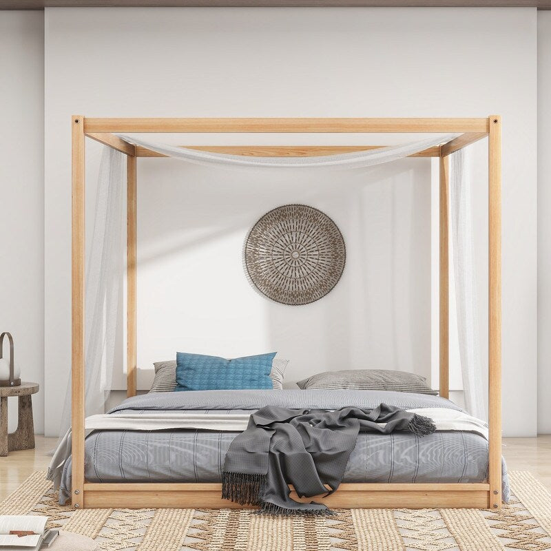 King Size Wood Platform Bed Floor Bed with Support Legs, Canopy Design