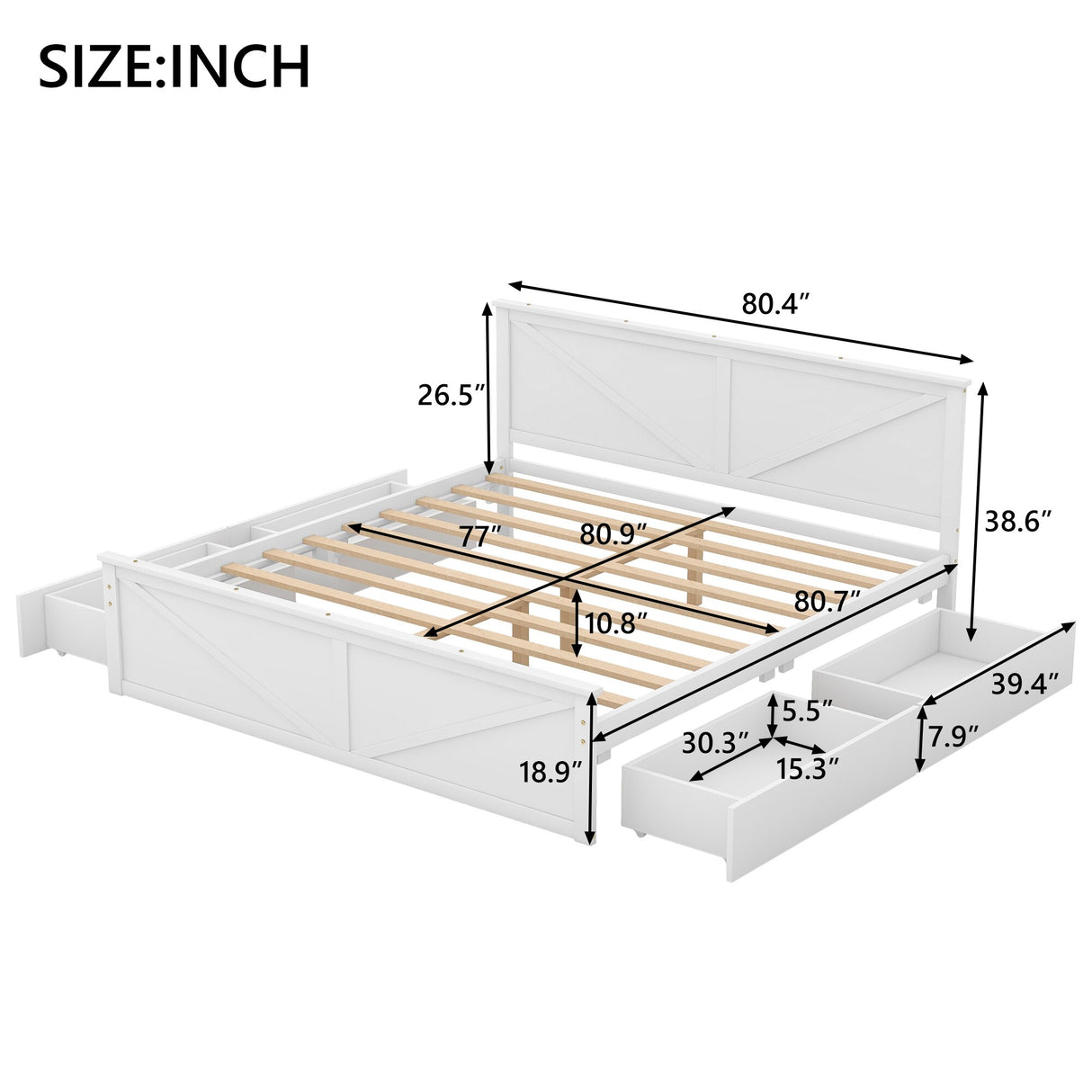 King Size Wooden Platform Bed with Four Storage Drawers and Support Legs, Gray