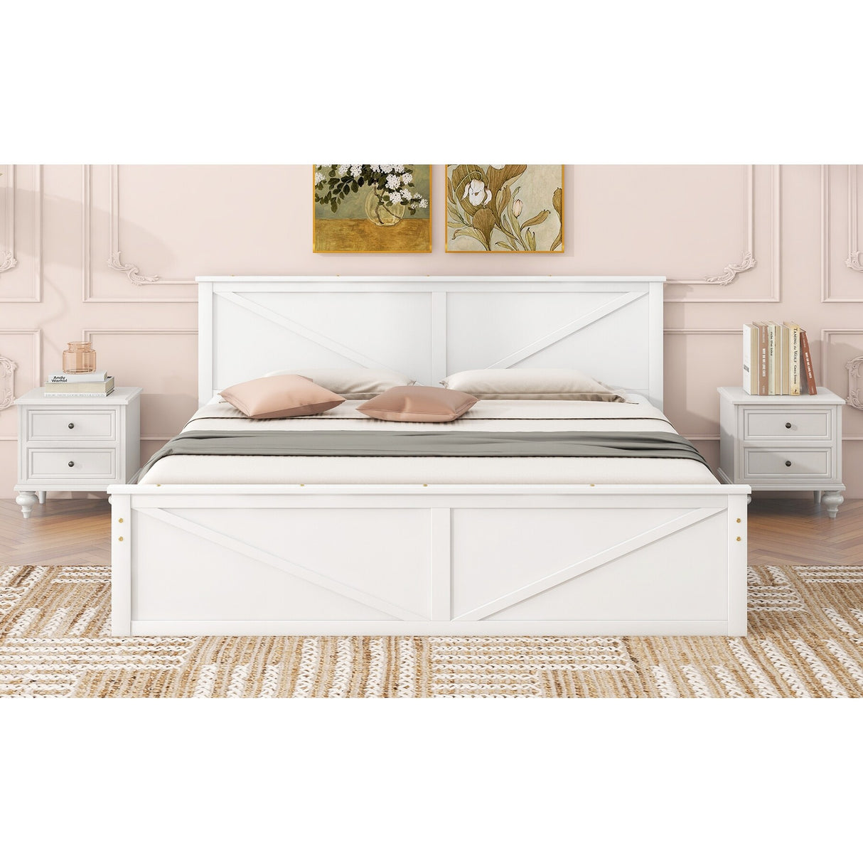 King Size Wooden Platform Bed with Four Storage Drawers and Support Legs, Gray