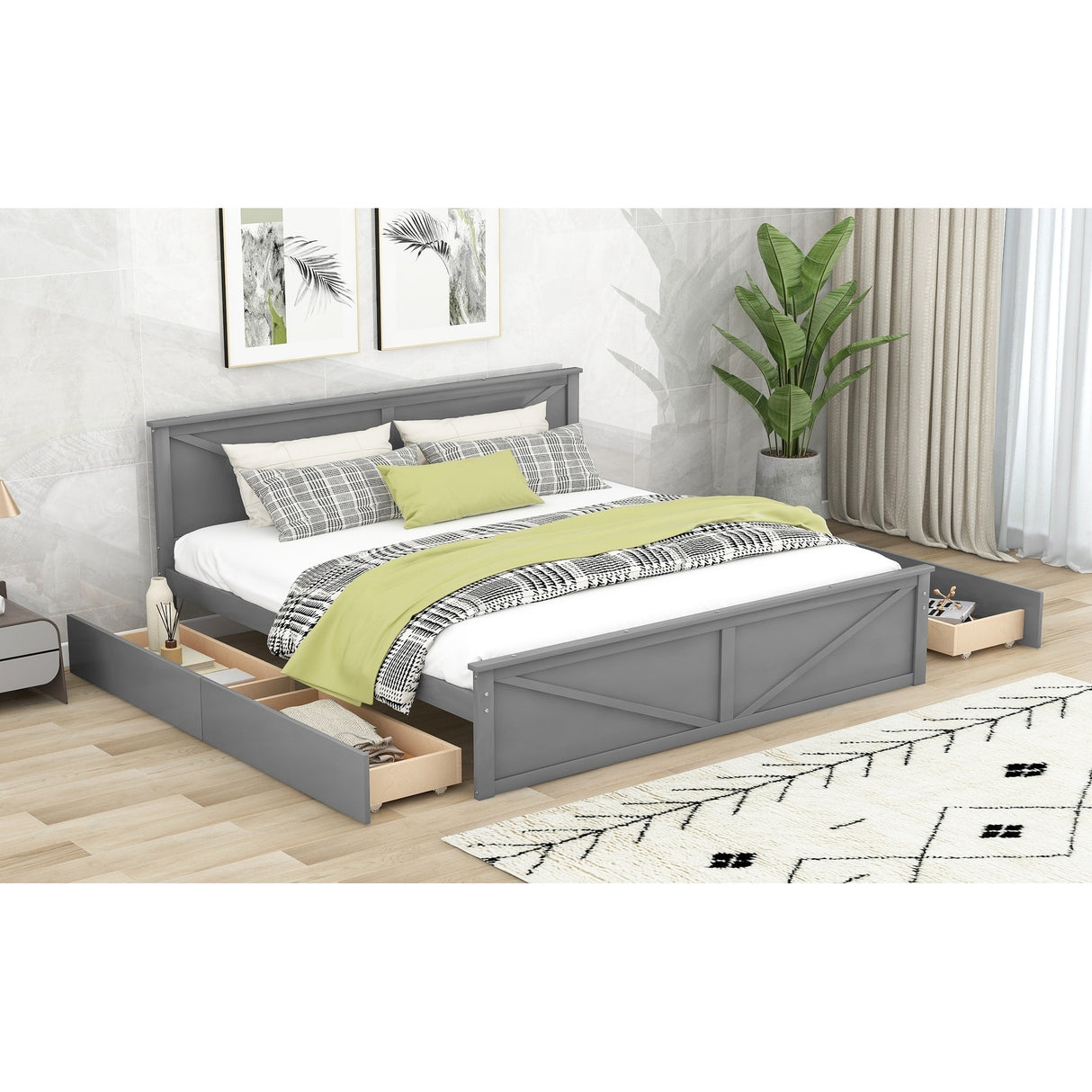 King Size Wooden Platform Bed with Four Storage Drawers and Support Legs
