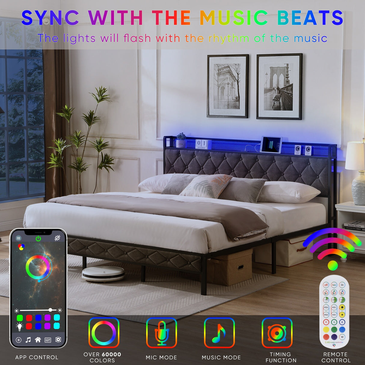 King Upholstered Bed Frame with Storage Headboard, Charging Station and LED Lights