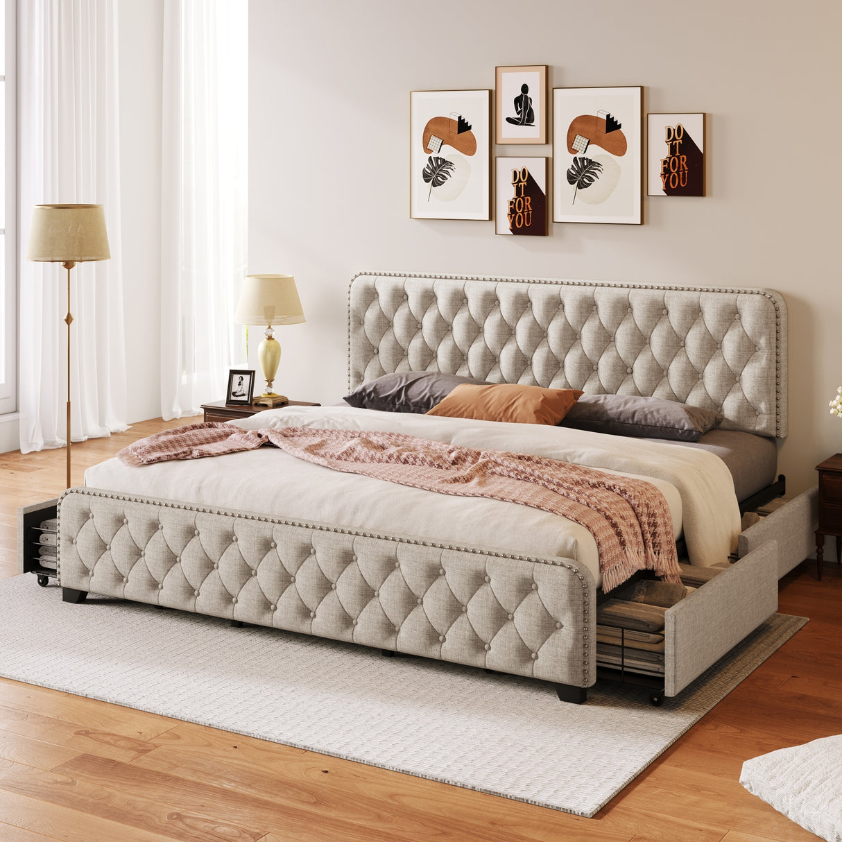 King Upholstered Platform Bed with Four Drawers