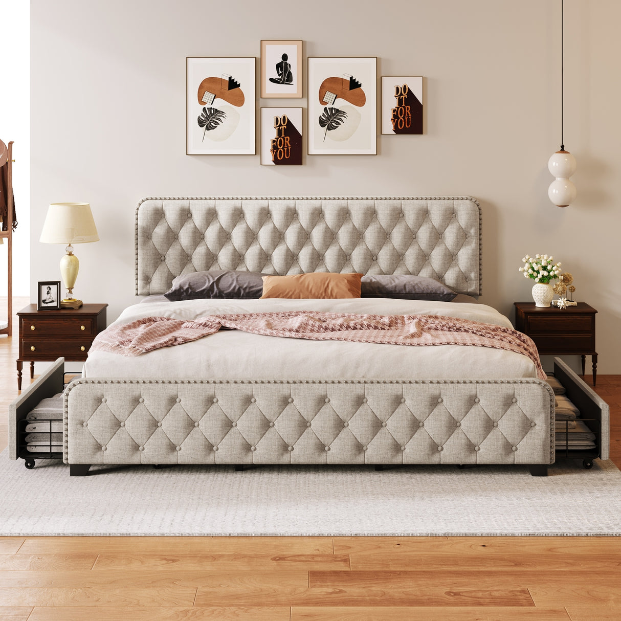 King Upholstered Platform Bed with Four Drawers