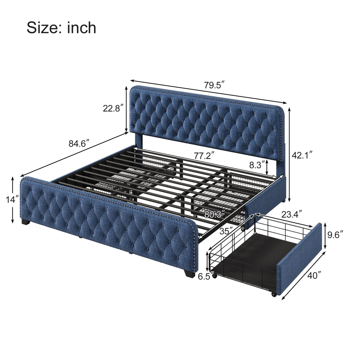 King Upholstered Platform Bed with Four Drawers