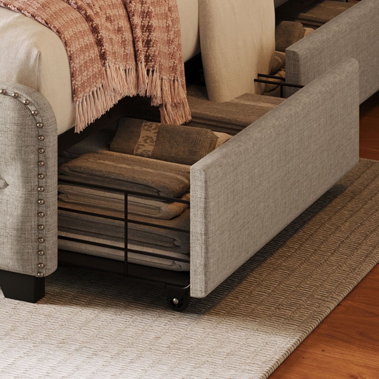 King Upholstered Platform Bed with Four Drawers