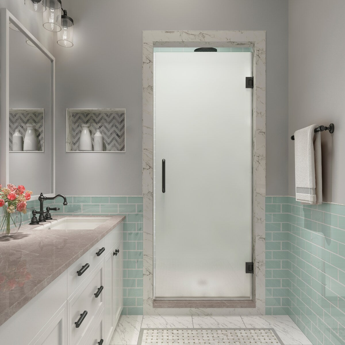 Kinkade XL 23.25 - 23.75 in x 80 in Frameless Hinged Shower Door with Ultra-Bright Frosted Glass