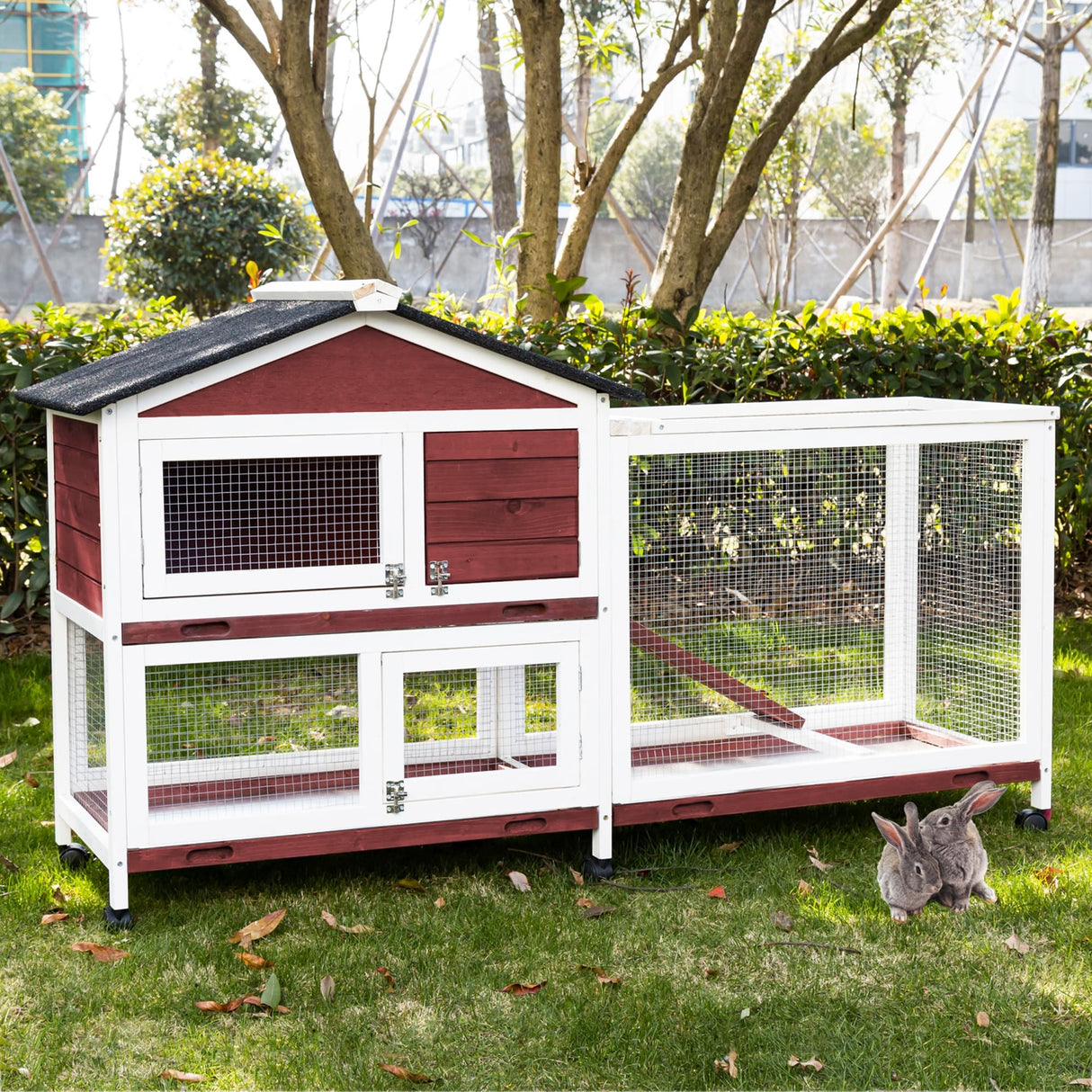 Kinpaw Large Rabbit Hutch, Indoor and Outdoor Bunny Cage on Wheels, Chicken Coop Guinea Pig House, Waterproof Roof