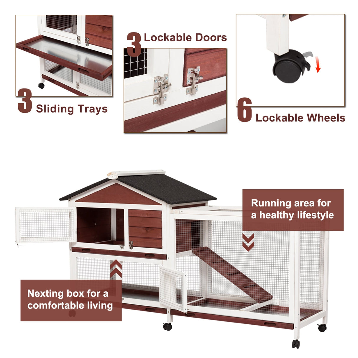 Kinpaw Large Rabbit Hutch, Indoor and Outdoor Bunny Cage on Wheels, Chicken Coop Guinea Pig House, Waterproof Roof