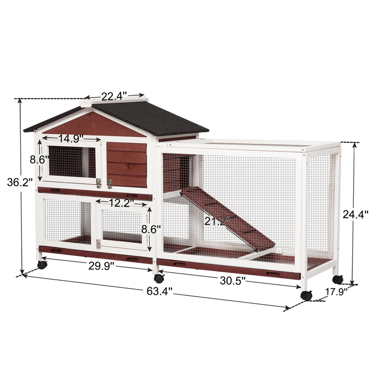 Kinpaw Large Rabbit Hutch, Indoor and Outdoor Bunny Cage on Wheels, Chicken Coop Guinea Pig House, Waterproof Roof