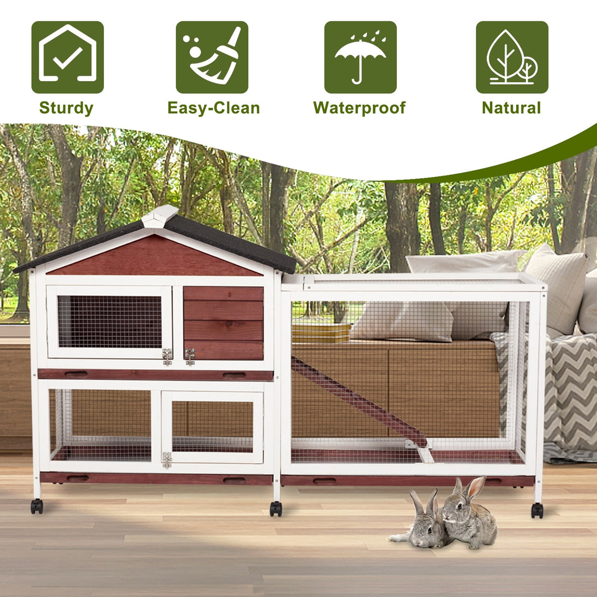 Kinpaw Large Rabbit Hutch, Indoor and Outdoor Bunny Cage on Wheels, Chicken Coop Guinea Pig House, Waterproof Roof