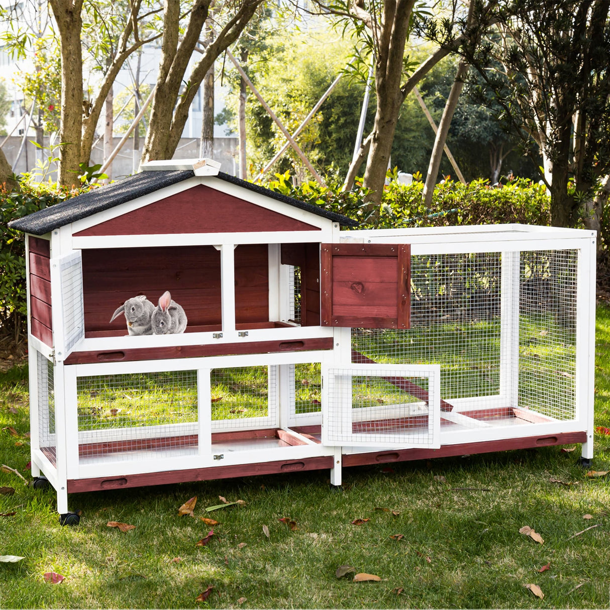 Kinpaw Large Rabbit Hutch, Indoor and Outdoor Bunny Cage on Wheels, Chicken Coop Guinea Pig House, Waterproof Roof