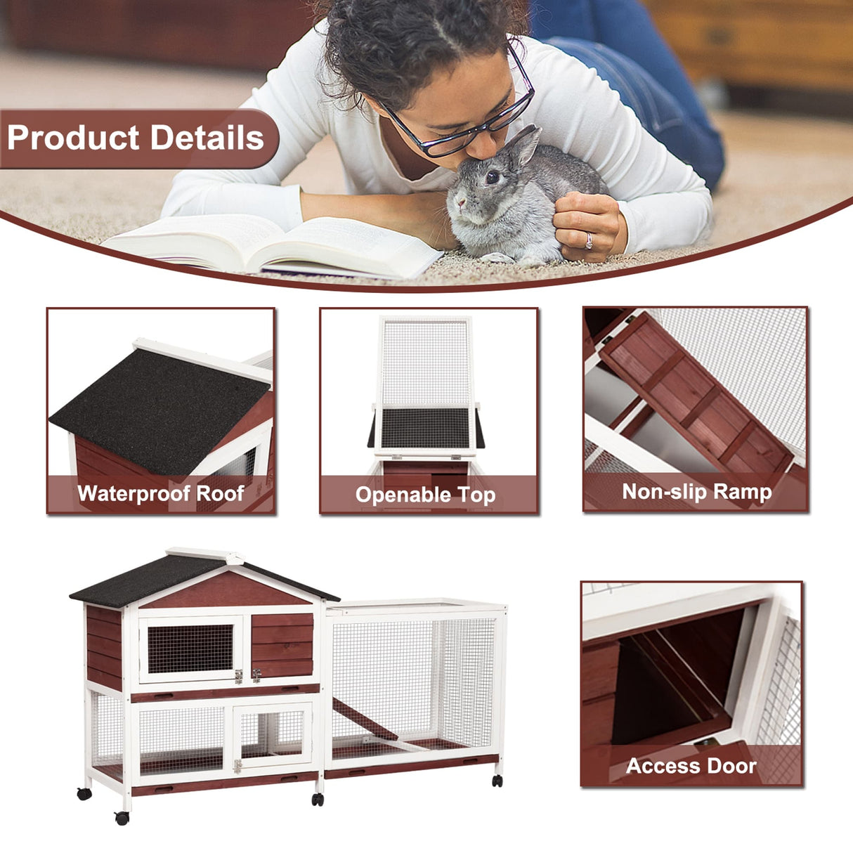 Kinpaw Large Rabbit Hutch, Indoor and Outdoor Bunny Cage on Wheels, Chicken Coop Guinea Pig House, Waterproof Roof