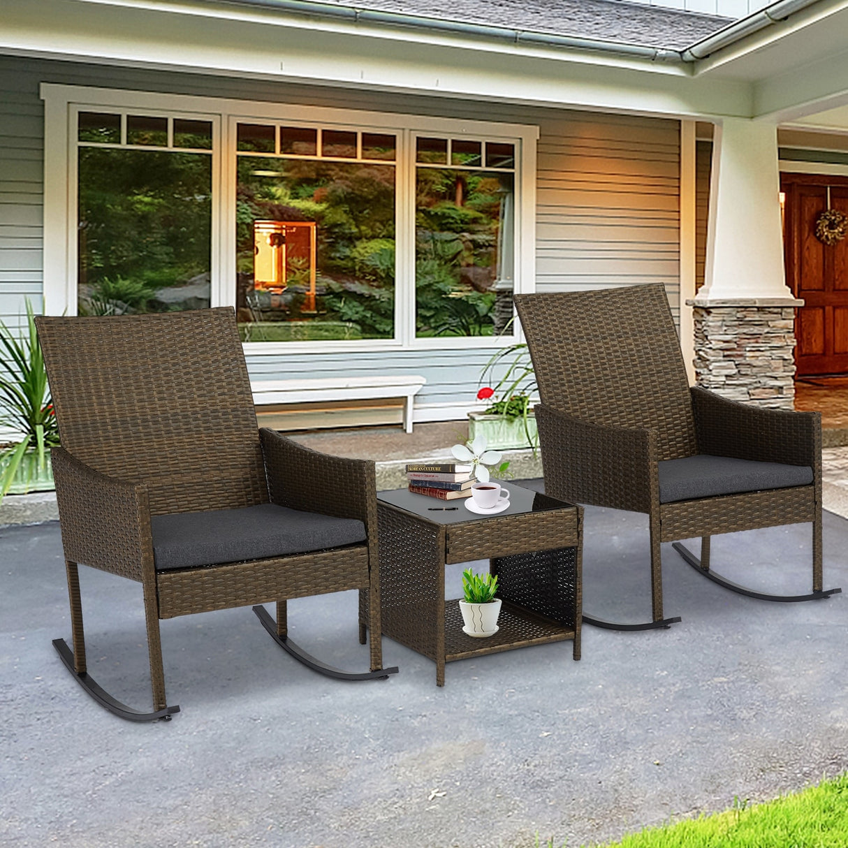 Kinsunny 3-Piece Patio Rocking Chairs Outdoor Bistro Set Patio Wicker Chairs with Coffee Table for Porch Lawn Balcony Backyard