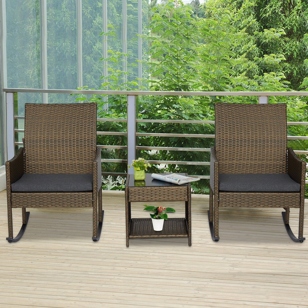 Kinsunny 3-Piece Patio Rocking Chairs Outdoor Bistro Set Patio Wicker Chairs with Coffee Table for Porch Lawn Balcony Backyard