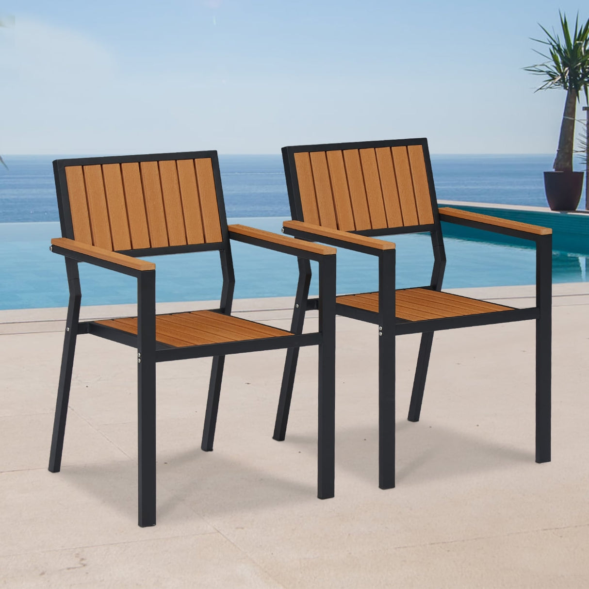 Kinsunny Outdoor Wood Dining Chairs (Set of 2), Steel Frame Patio Chairs for Garden Lawn