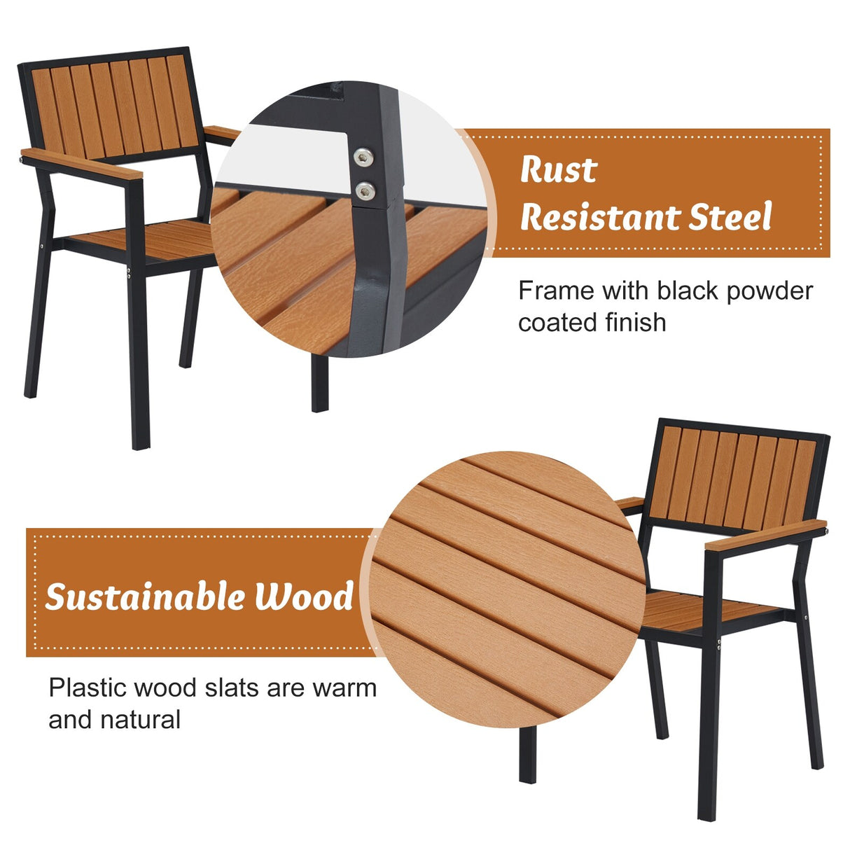 Kinsunny Outdoor Wood Dining Chairs (Set of 2), Steel Frame Patio Chairs for Garden Lawn