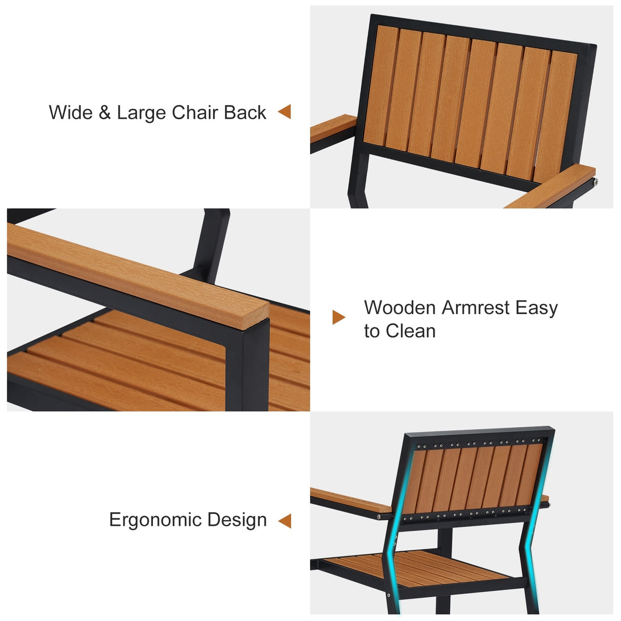Kinsunny Outdoor Wood Dining Chairs (Set of 2), Steel Frame Patio Chairs for Garden Lawn