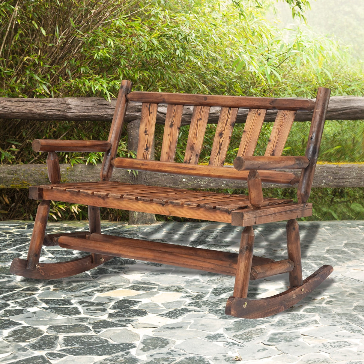 Kinsunny Wood Double Rocking Chair Rocking Loveseat Patio Rocker Chair Bench with 2-Seat for Garden Backyard