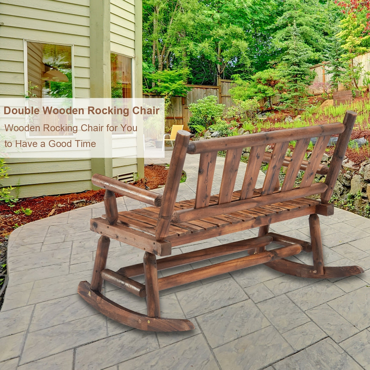 Kinsunny Wood Double Rocking Chair Rocking Loveseat Patio Rocker Chair Bench with 2-Seat for Garden Backyard