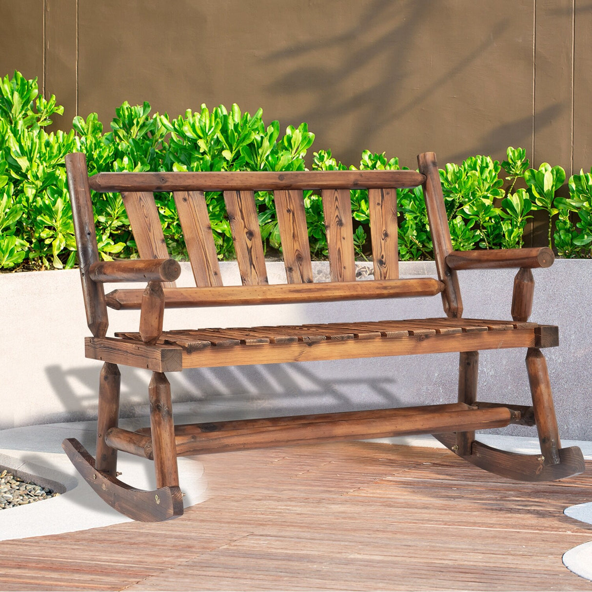 Kinsunny Wood Double Rocking Chair Rocking Loveseat Patio Rocker Chair Bench with 2-Seat for Garden Backyard