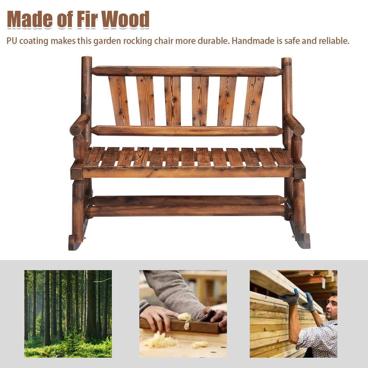 Kinsunny Wood Double Rocking Chair Rocking Loveseat Patio Rocker Chair Bench with 2-Seat for Garden Backyard