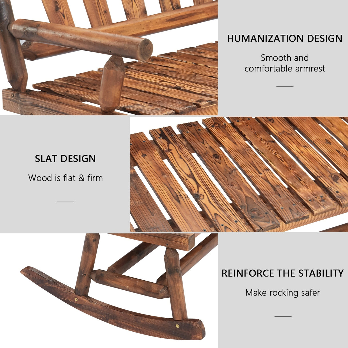 Kinsunny Wood Double Rocking Chair Rocking Loveseat Patio Rocker Chair Bench with 2-Seat for Garden Backyard