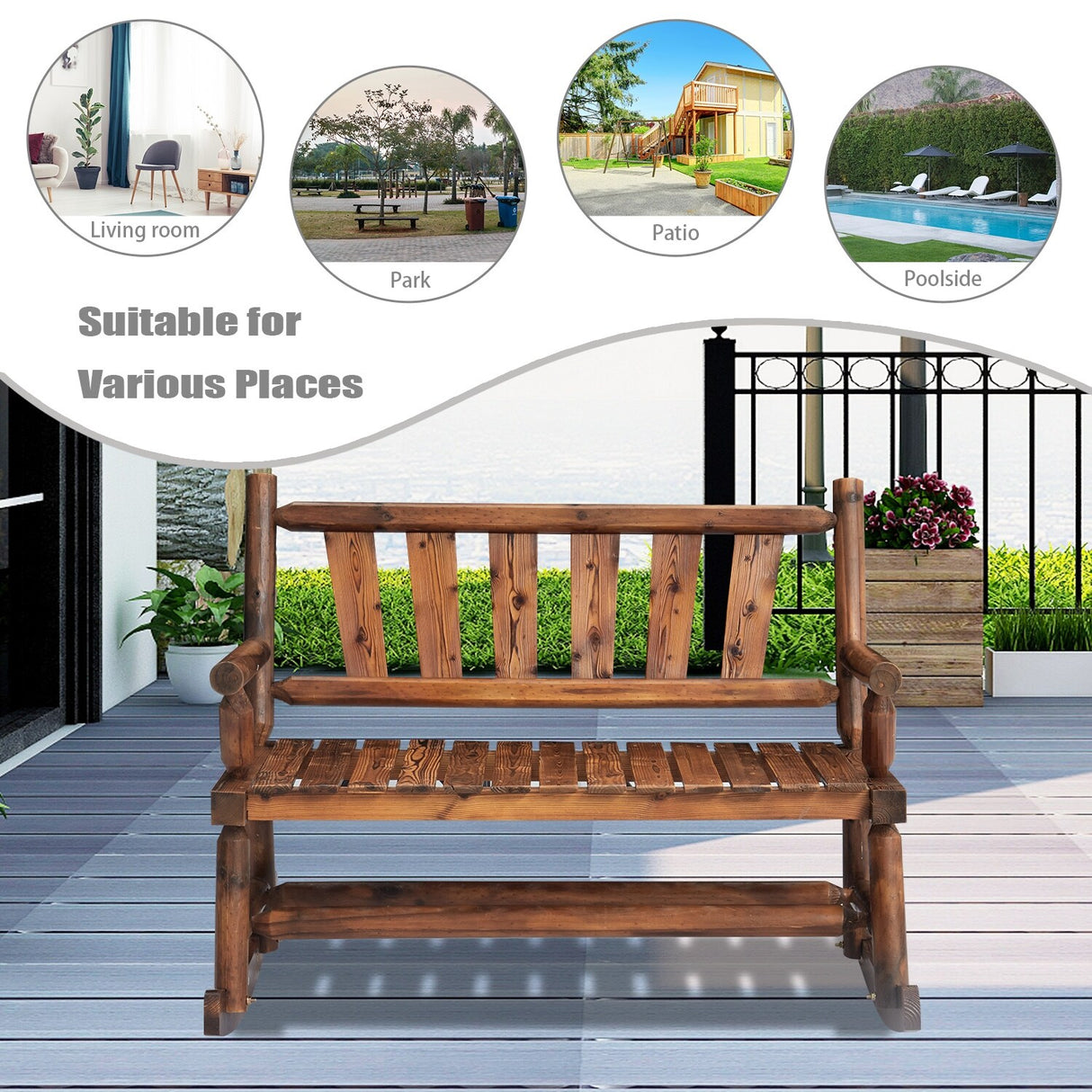 Kinsunny Wood Double Rocking Chair Rocking Loveseat Patio Rocker Chair Bench with 2-Seat for Garden Backyard