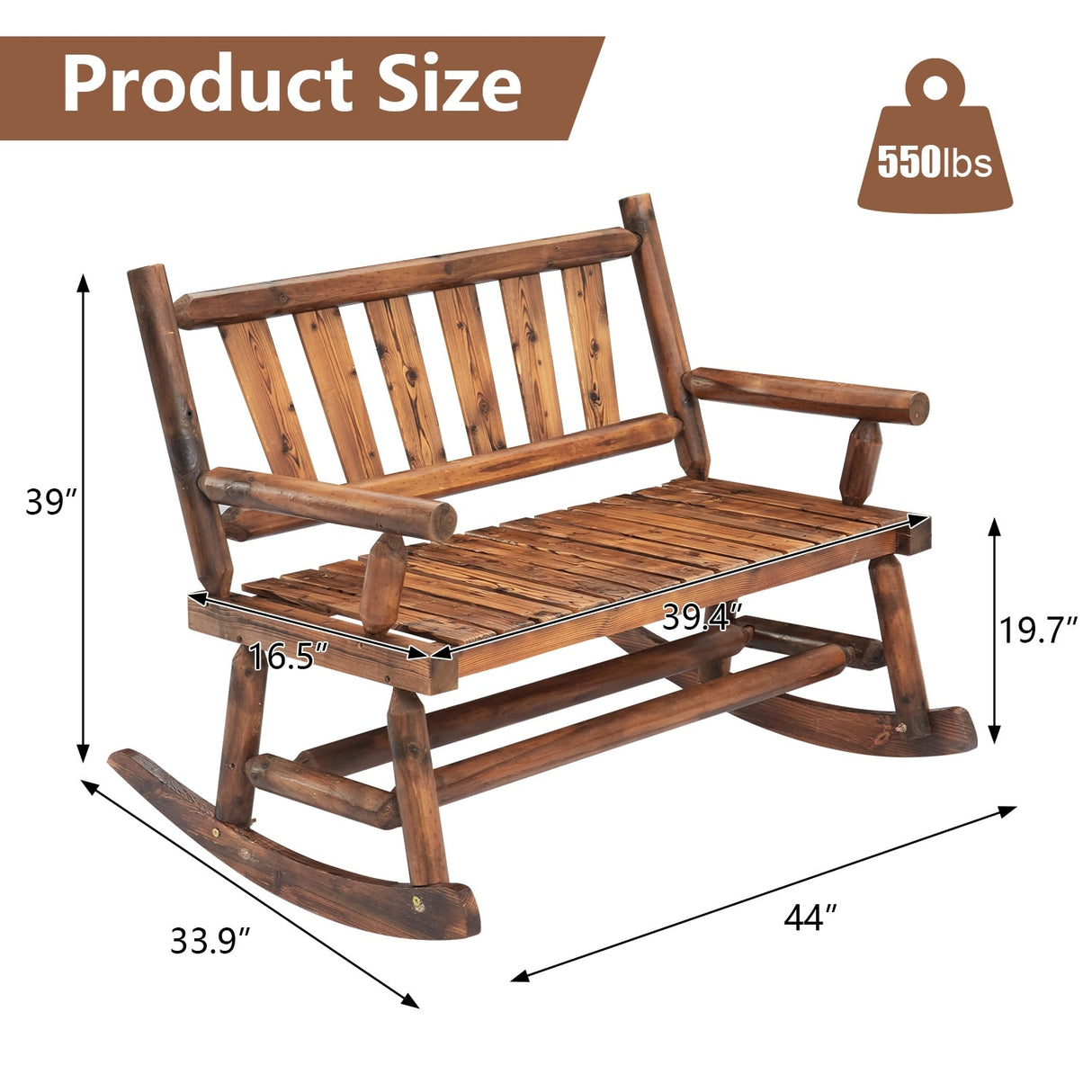 Kinsunny Wood Double Rocking Chair Rocking Loveseat Patio Rocker Chair Bench with 2-Seat for Garden Backyard