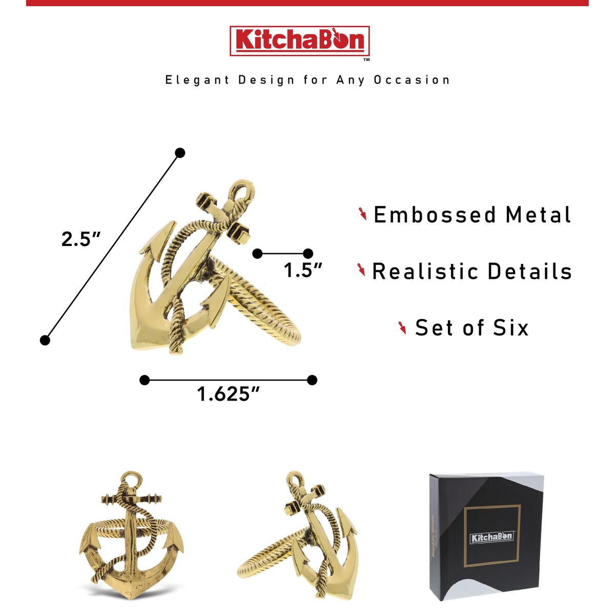 KitchaBon Anchor Gold Napkin Rings for Table Decor - Set of 6 - 2.25 x 1.85 x 1.75 inches