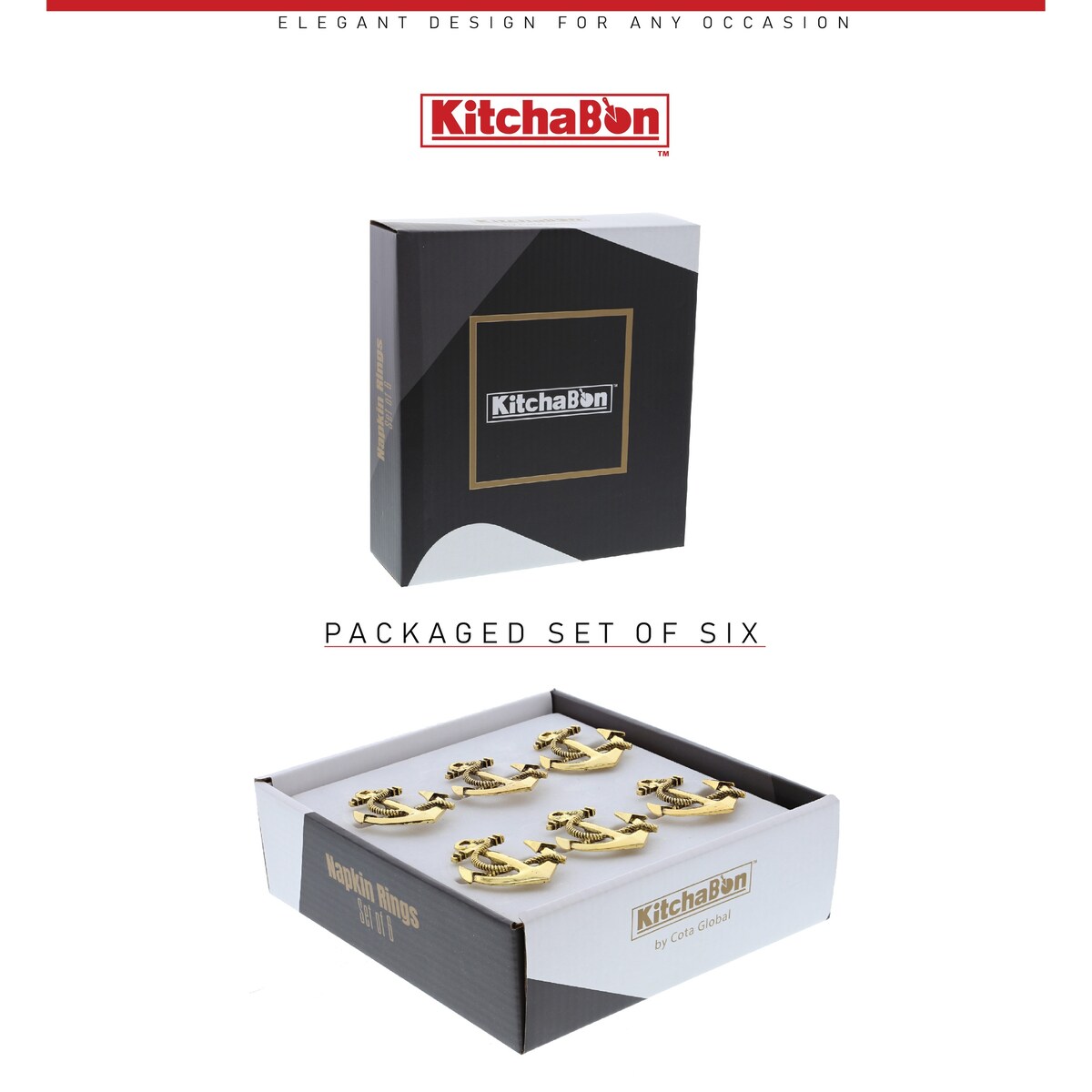 KitchaBon Anchor Gold Napkin Rings for Table Decor - Set of 6 - 2.25 x 1.85 x 1.75 inches