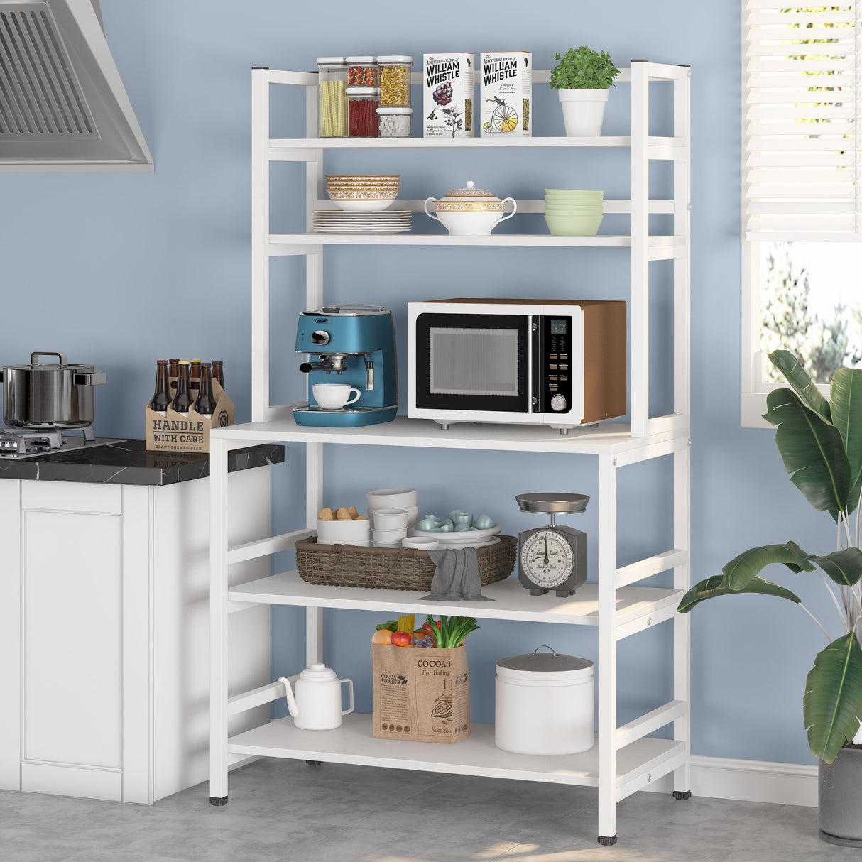 Brown/ Black Kitchen Bakers Rack Industrial Microwave Oven Stand,White 5-Tier Utility Storage Shelf,Kitchen Stand with Hutch