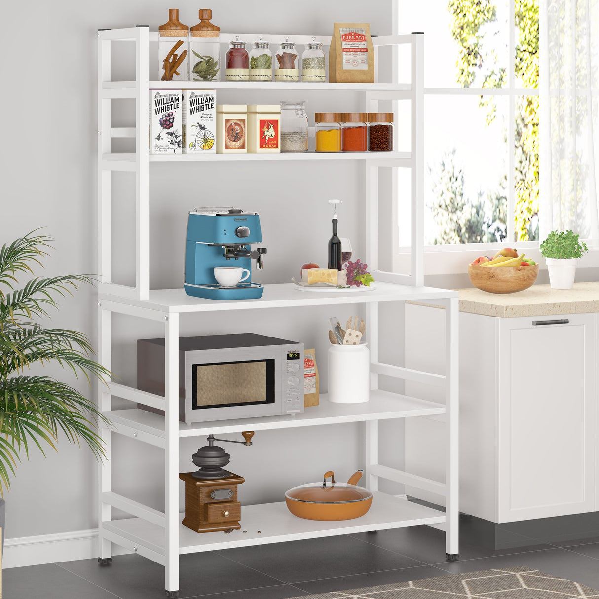 Brown/ Black Kitchen Bakers Rack Industrial Microwave Oven Stand,White 5-Tier Utility Storage Shelf,Kitchen Stand with Hutch