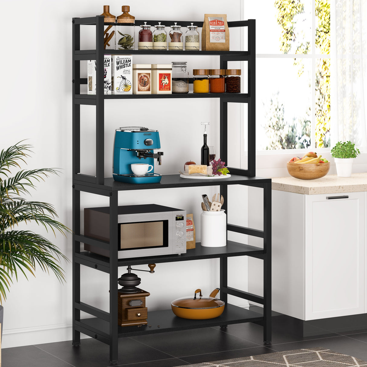 Brown/ Black Kitchen Bakers Rack Industrial Microwave Oven Stand,White 5-Tier Utility Storage Shelf,Kitchen Stand with Hutch