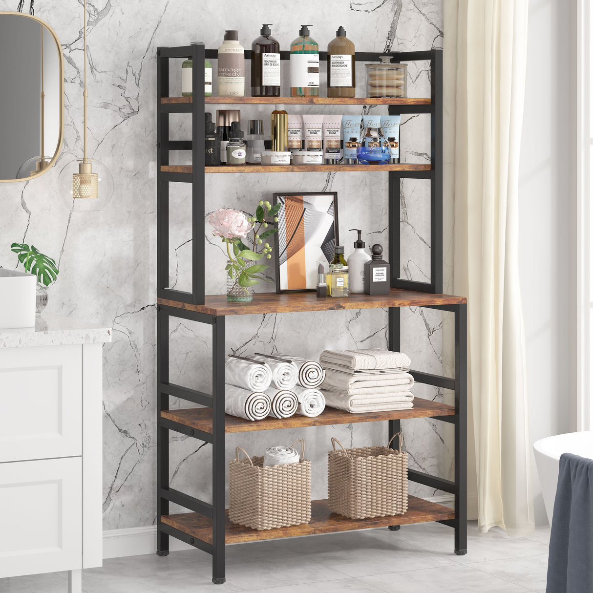 Brown/ Black Kitchen Bakers Rack Industrial Microwave Oven Stand,White 5-Tier Utility Storage Shelf,Kitchen Stand with Hutch