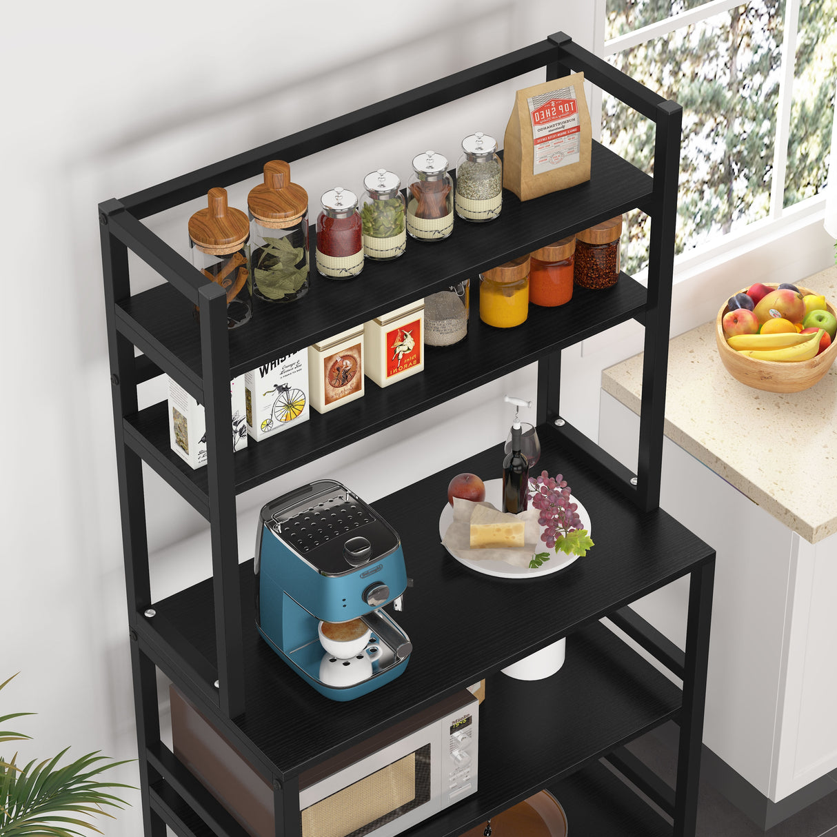 Brown/ Black Kitchen Bakers Rack Industrial Microwave Oven Stand,White 5-Tier Utility Storage Shelf,Kitchen Stand with Hutch