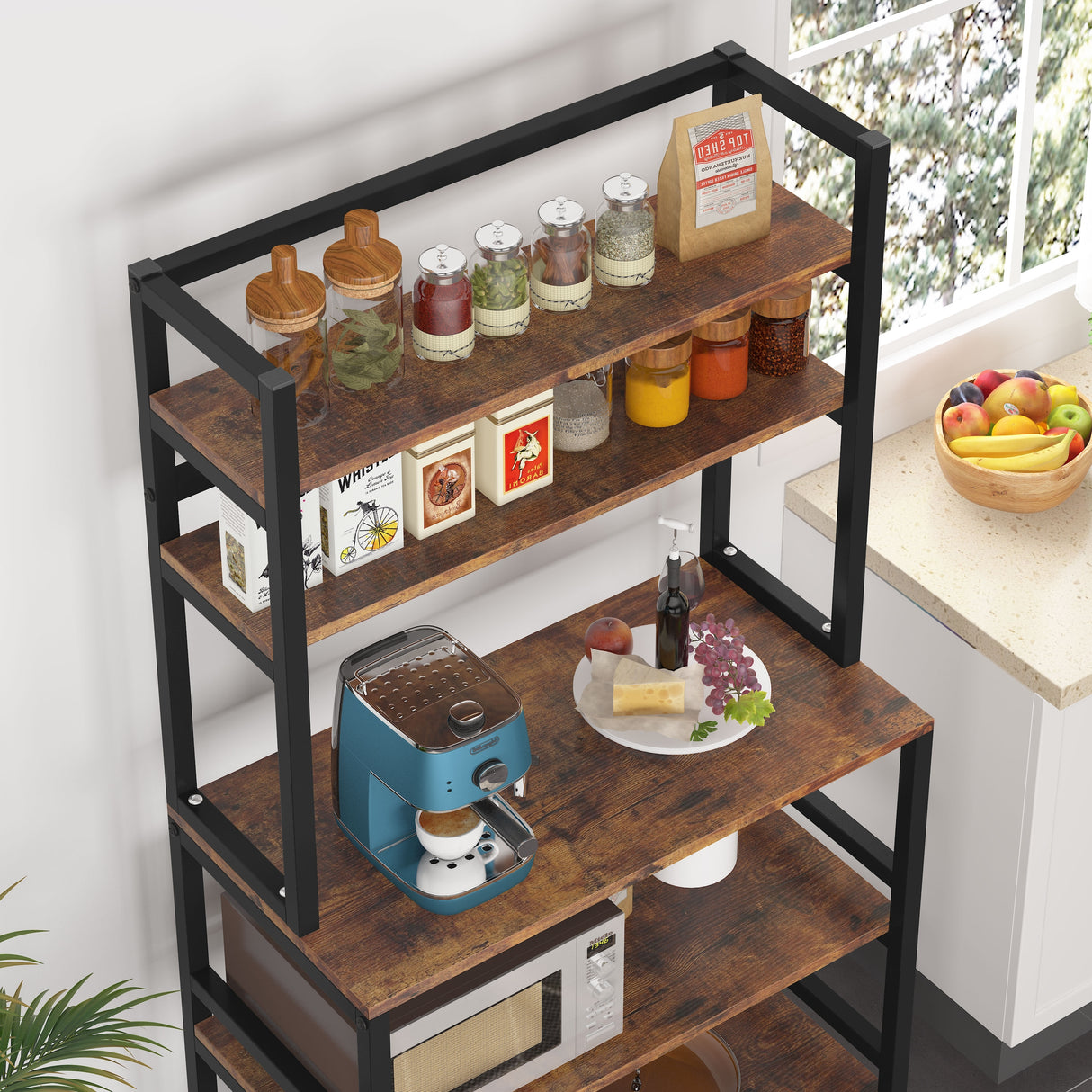Brown/ Black Kitchen Bakers Rack Industrial Microwave Oven Stand,White 5-Tier Utility Storage Shelf,Kitchen Stand with Hutch