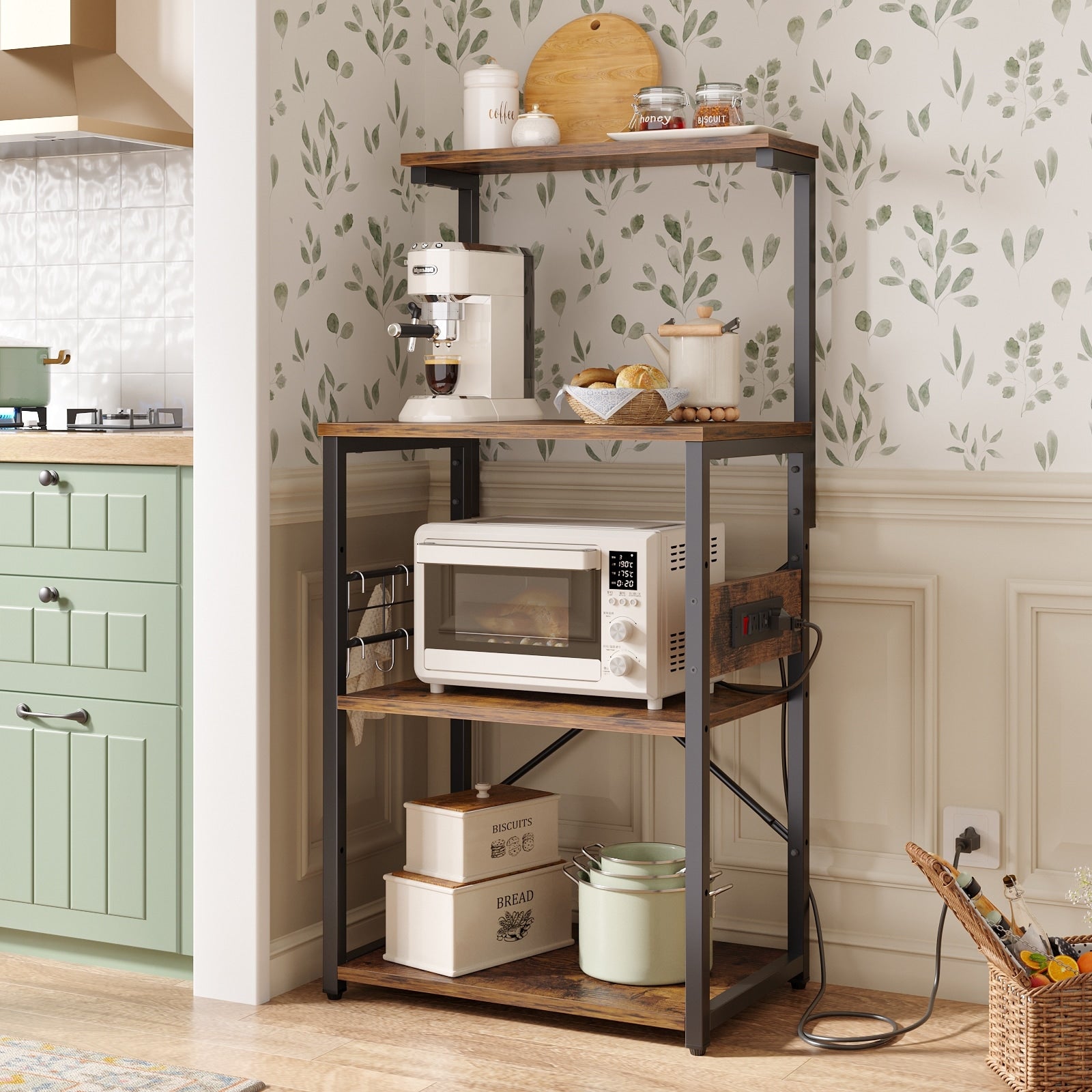 Kitchen Bakers Rack with Storage Shelves USB Outlets Microwave Oven Overstock