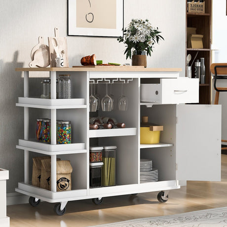 Kitchen Cart Cabinet with Side Storage Shelves,Rubber Wood Top, Adjustable Storage Shelves, 5 Wheels
