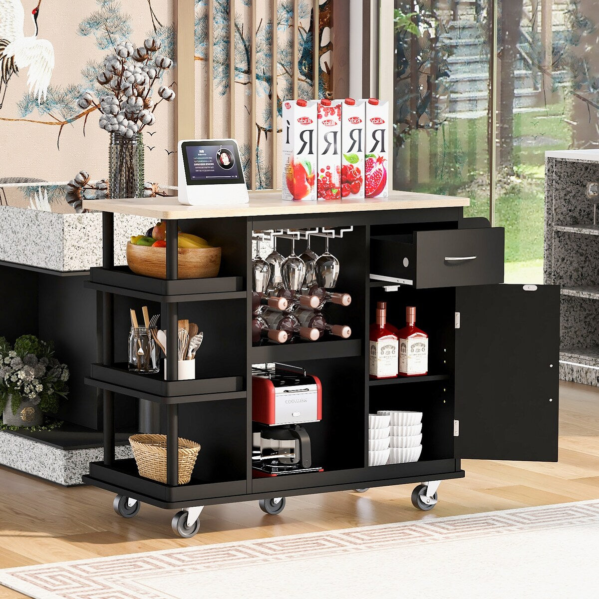 Kitchen Cart Cabinet with Wood Top and Adjustable Storage Shelves