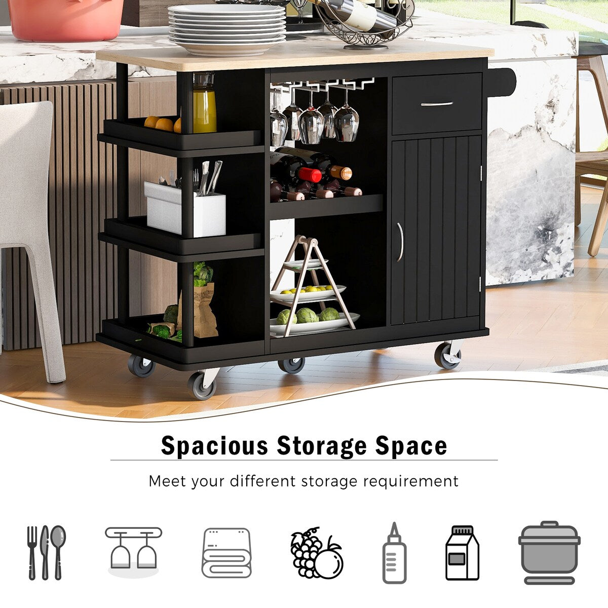 Kitchen Cart Cabinet with Wood Top and Adjustable Storage Shelves