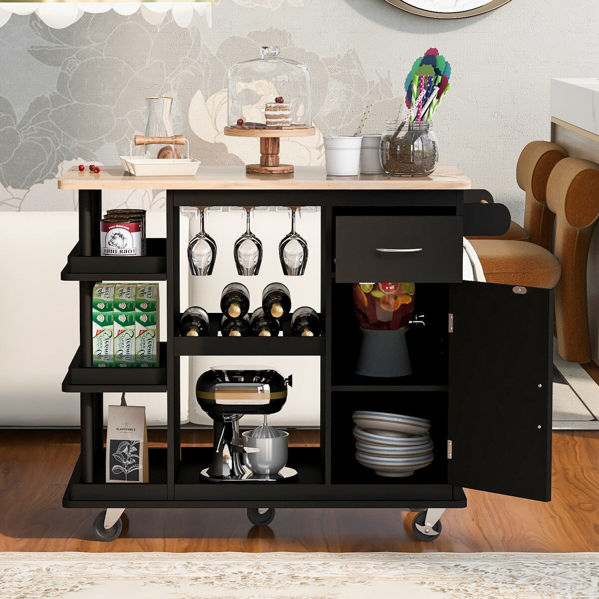 Kitchen Cart Cabinet with Wood Top and Adjustable Storage Shelves
