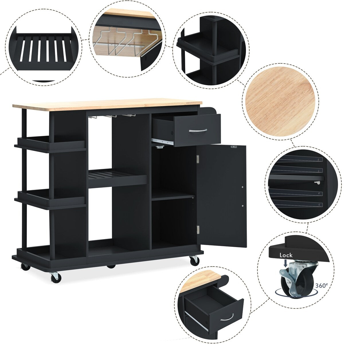 Kitchen Cart Cabinet with Wood Top and Adjustable Storage Shelves