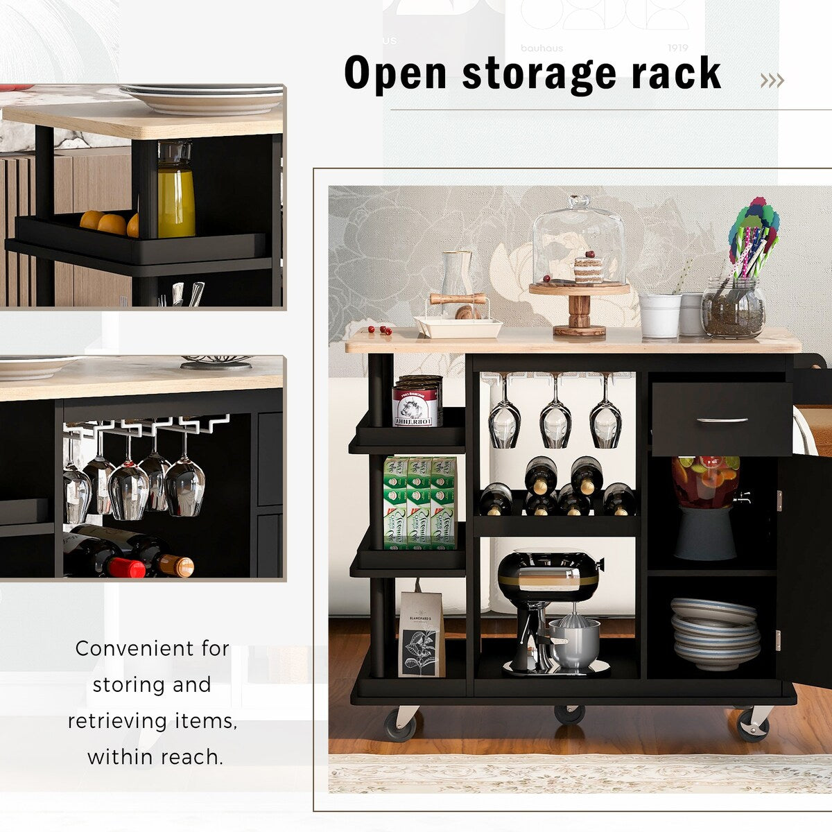 Kitchen Cart Cabinet with Wood Top and Adjustable Storage Shelves